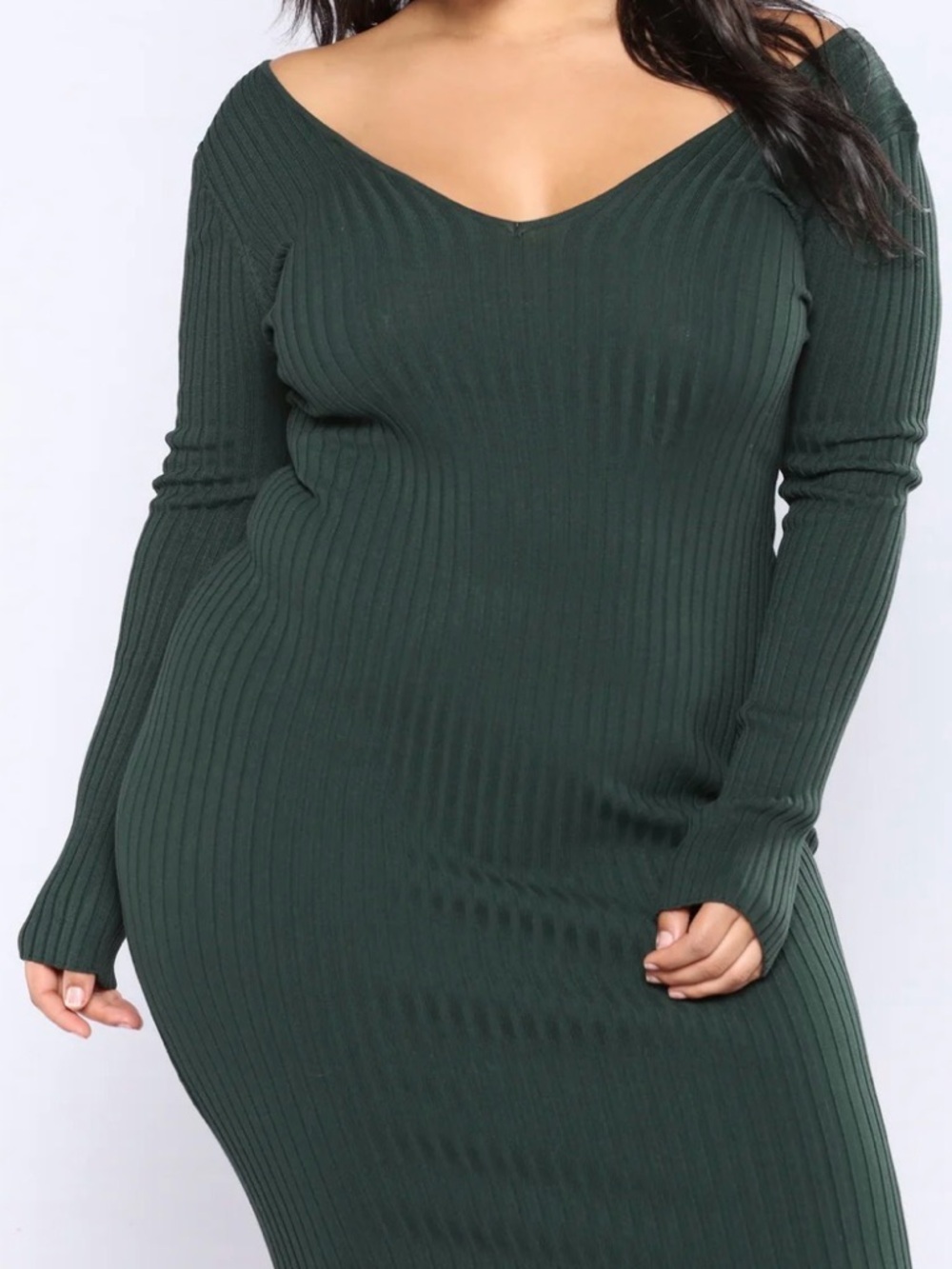 Fashion Nova Forest Green Ribbed V-Neck Long Sleeve Dress